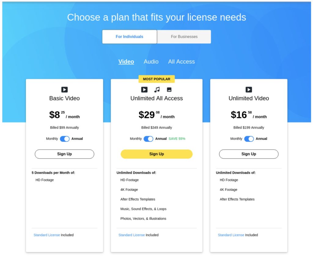 Pricing table for Storyblocks